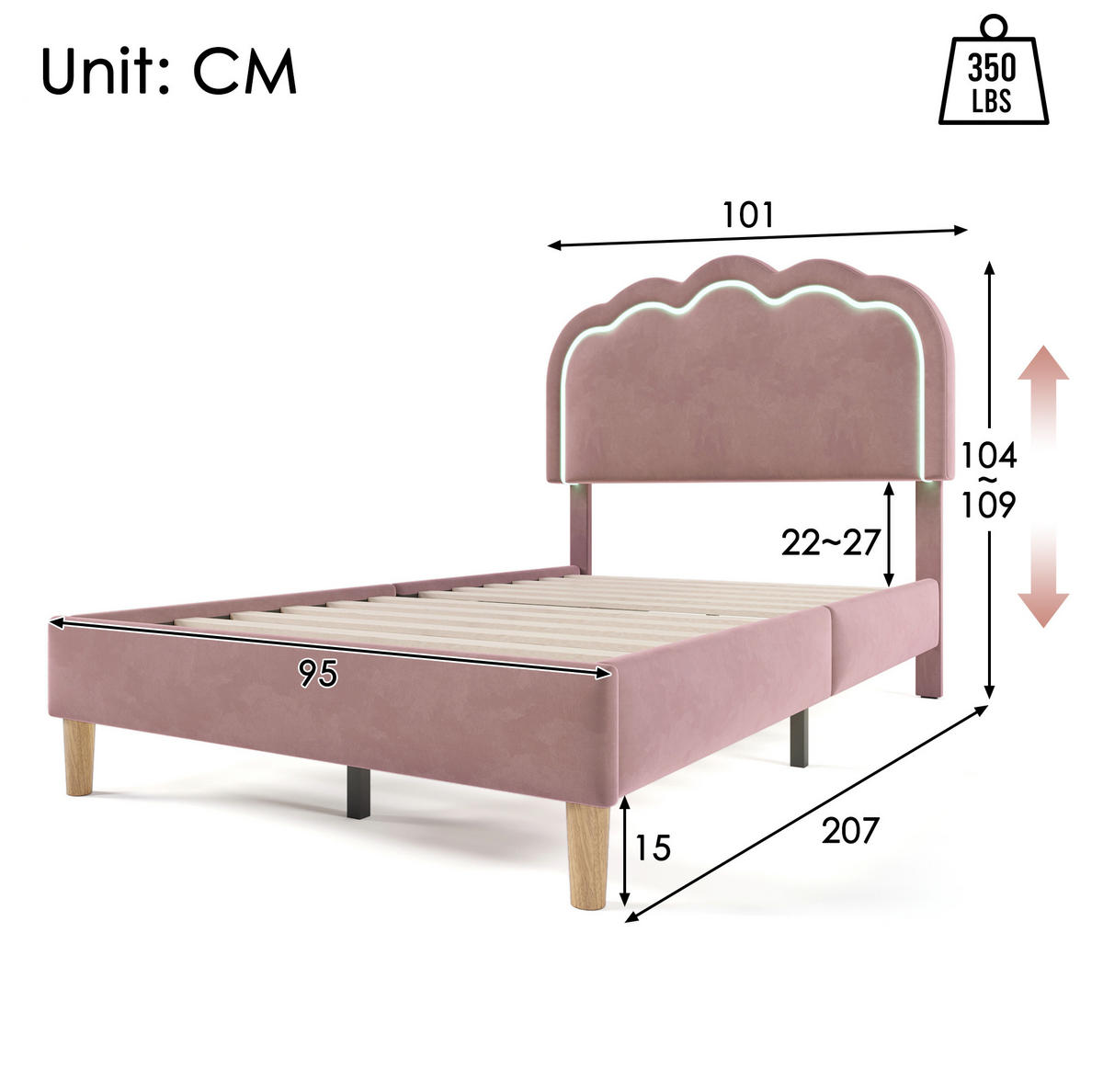 POLSTERBETT 90/200 cm aus Samt mit LED-Kopfteil und verstellbarer Höhe Rosa - Pink, Textil (90/200cm) - Modenvie