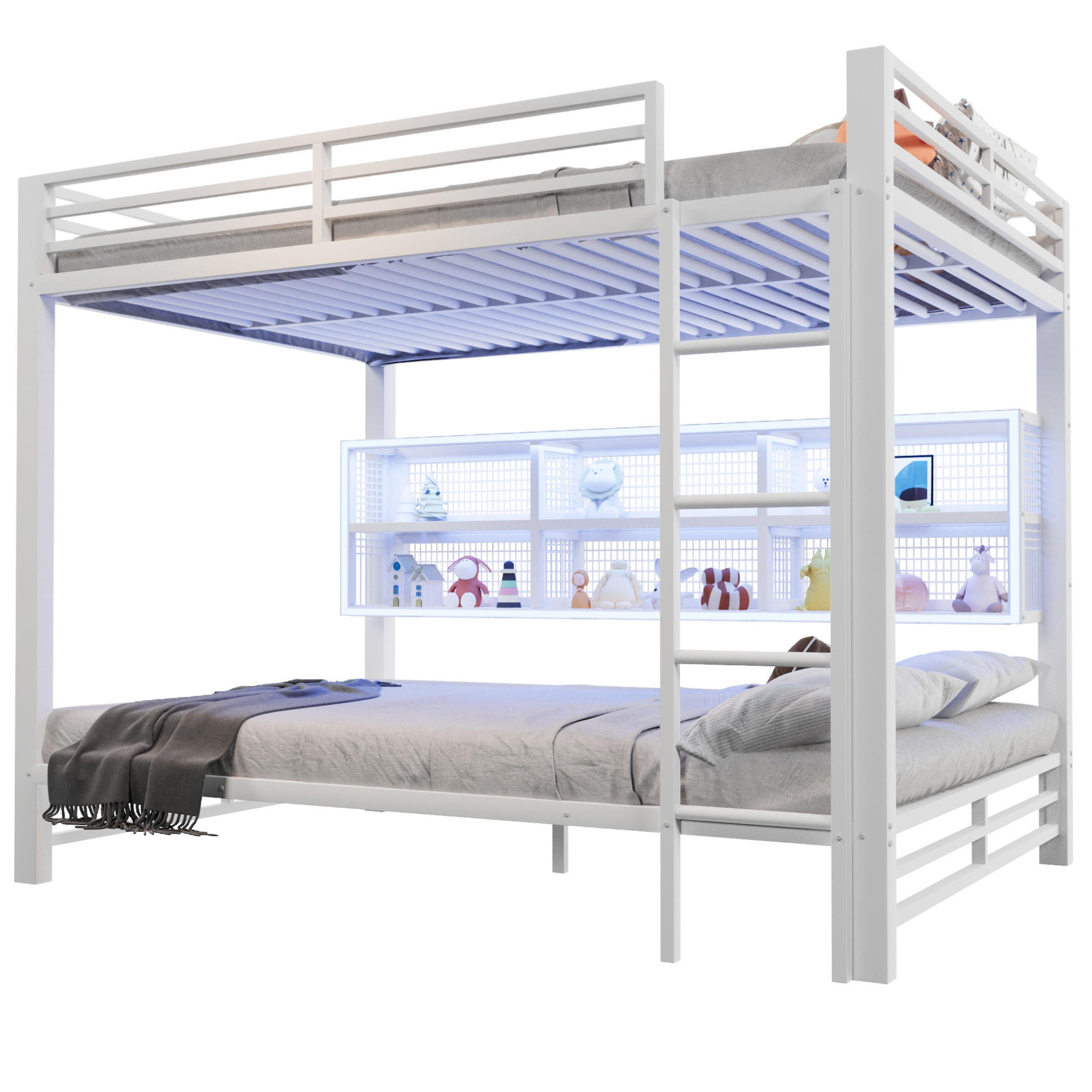 ETAGENBETT 140/200 cm in Weiß aus Metall mit 6 Stauraumschränken und LED-Beleuchtung - Weiß, Metall (140/200cm) - OKMYHOME
