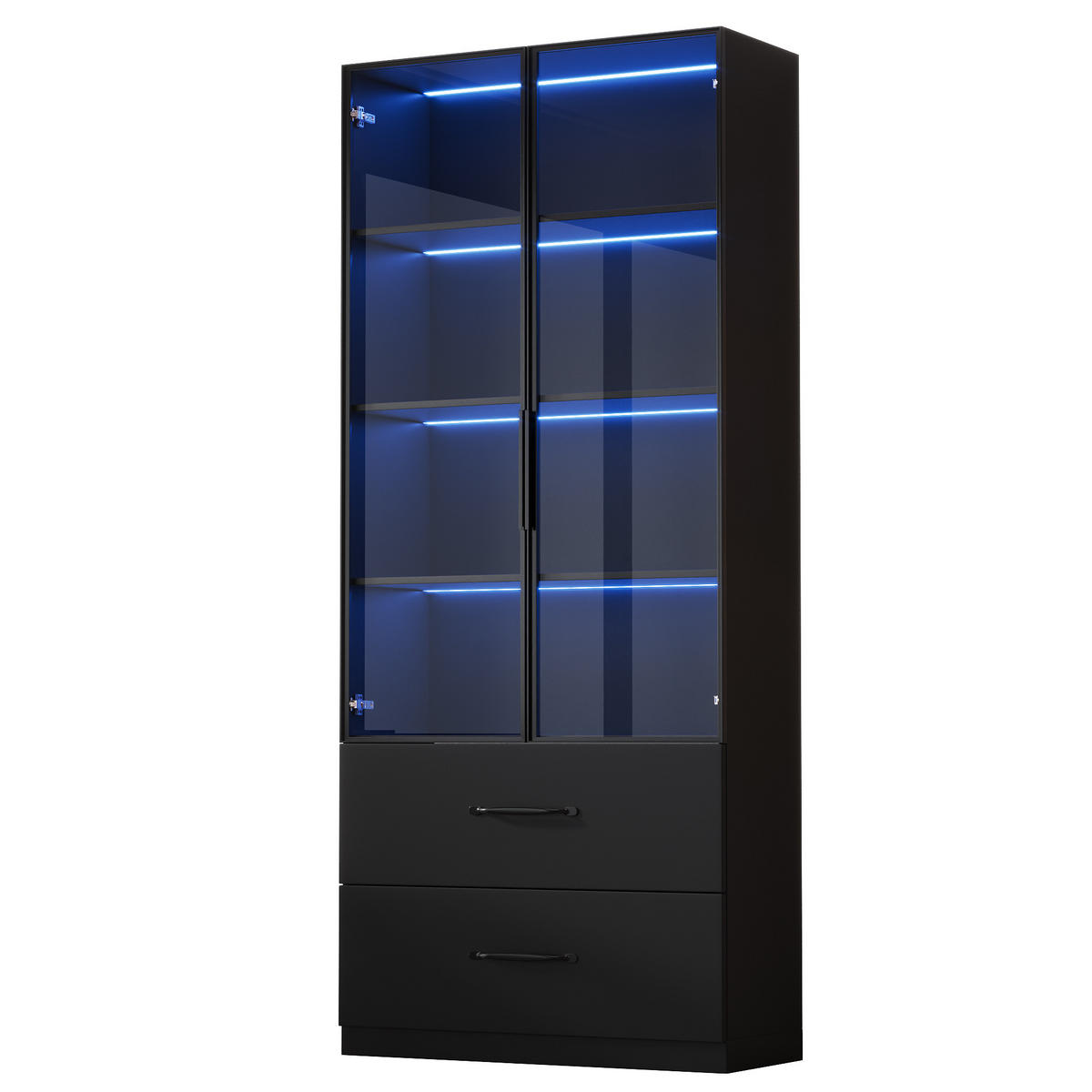 VITRINE 60cm Glas LED Aluminium 2 Türen Schubladen modern - Schwarz, Holzwerkstoff (60/160/40cm) - FLIEKS