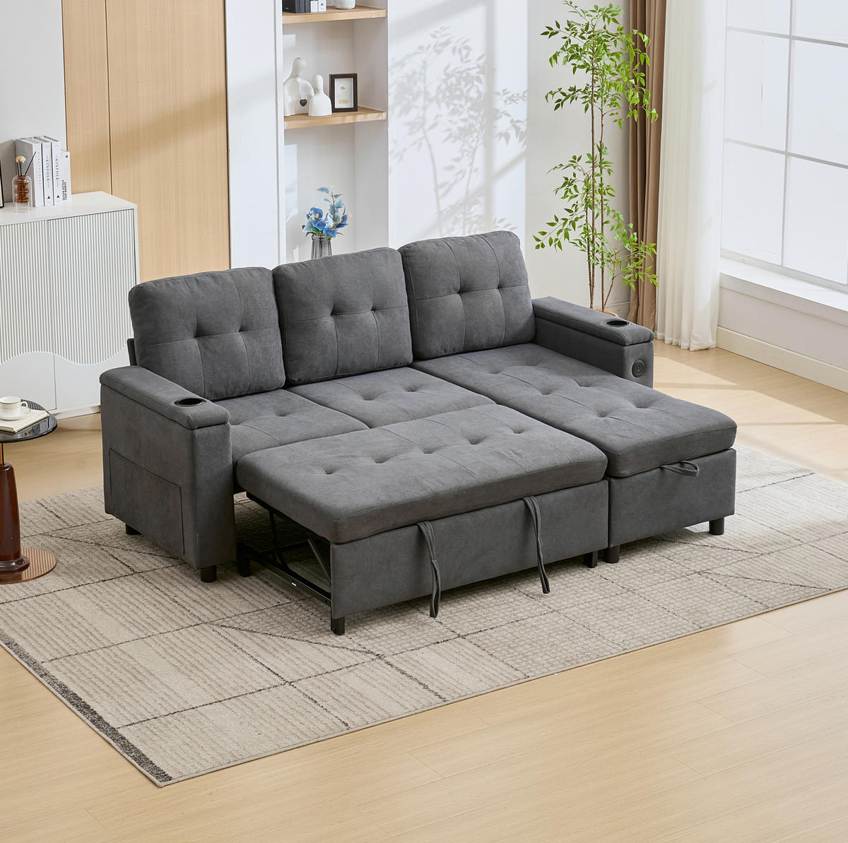 SCHLAFSOFA, Stoff mit Stauraum & LED-Lichtleiste, 208/146/89,5 cm, Grau - Grau, Textil (146/89.5/208cm) - Redom
