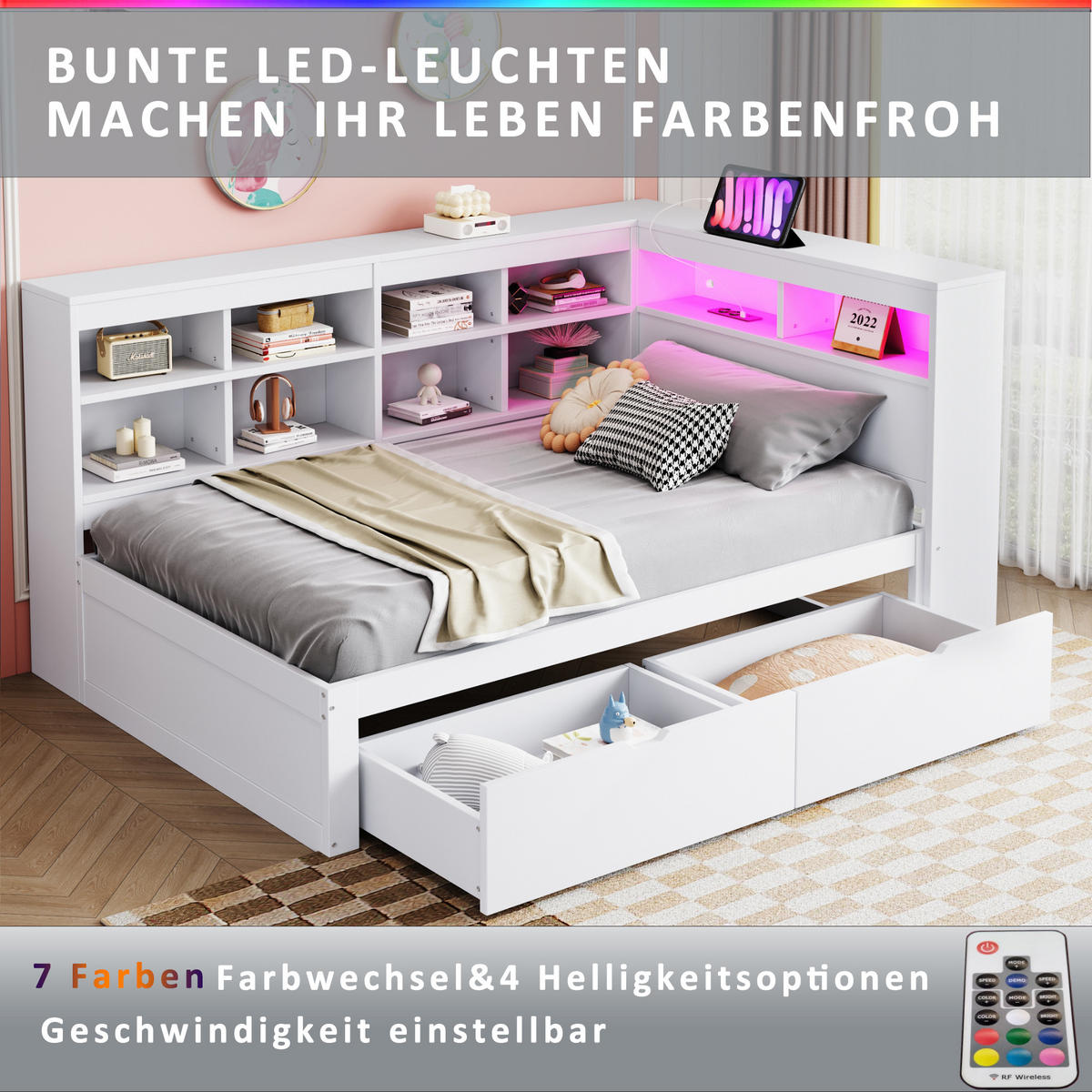 POLSTERBETT 90x200 cm USB Regal weiß - Weiß, Holz (90/200cm) - Fortuna Lai