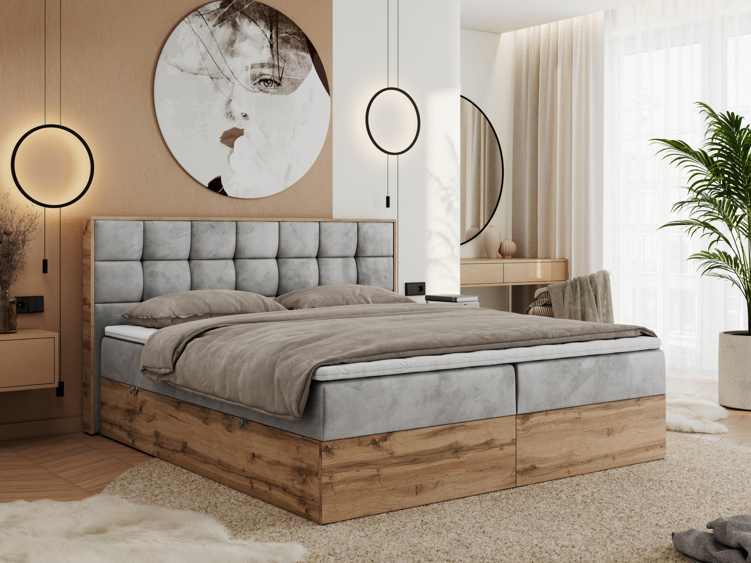 BOXBETT ALBERO 1 - 160/200 Hellgrau Velvet - H3 - Hellgrau, Holz/Textil (160/200cm) - MKS