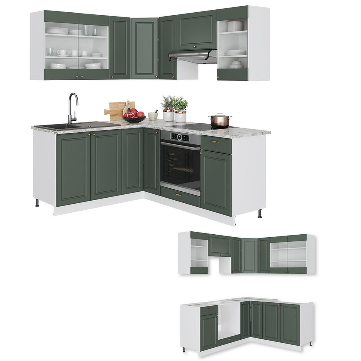 ECKKÜCHE Fame-Line Grün-Gold Landhaus/Weiß 160 x 60 cm ohne AP - Weiß/Grün, Holzwerkstoff (190/81.6/46cm) - Vicco