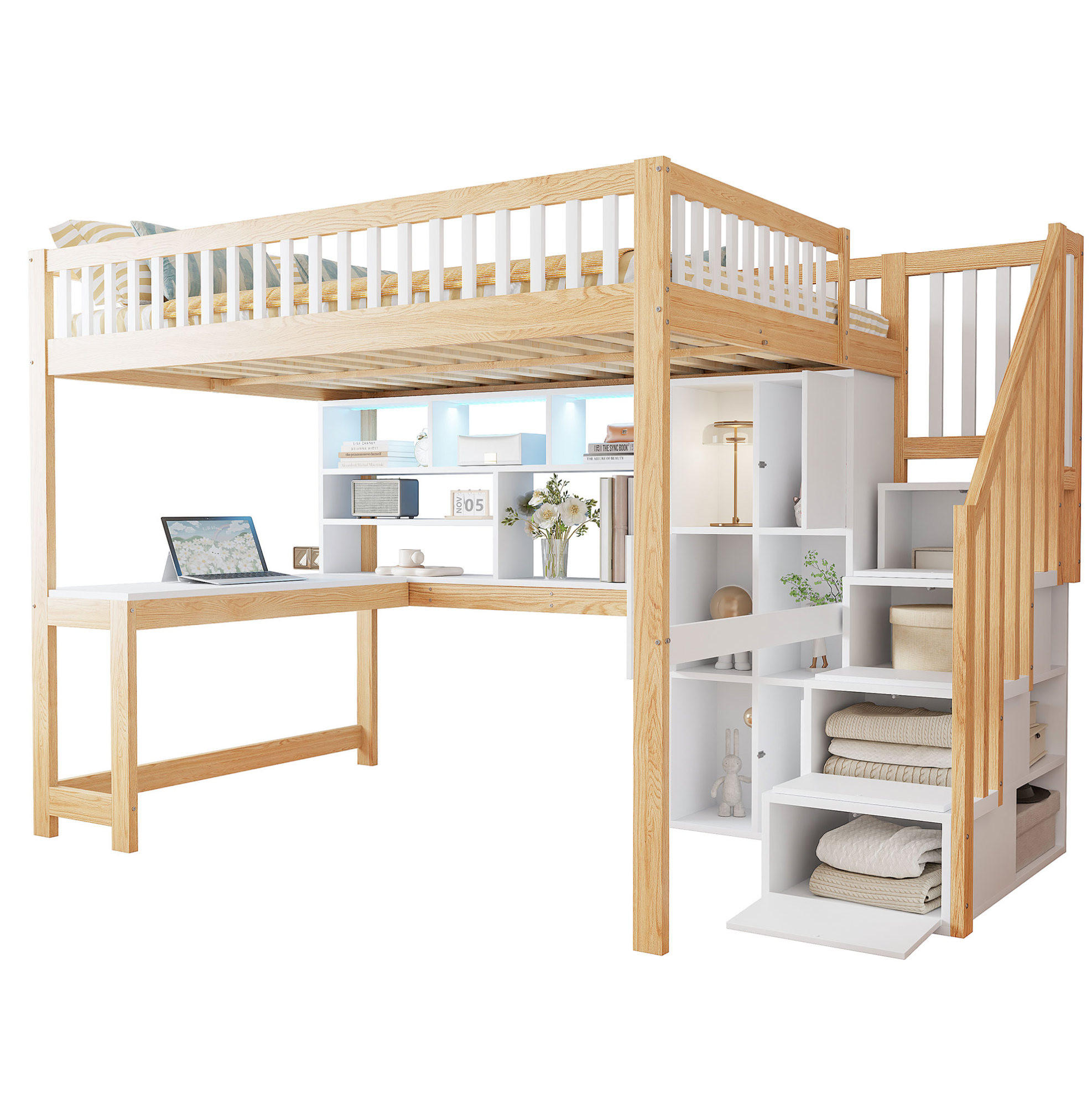 HOCHBETT 140/200 cm aus Kiefernholz und MDF mit Schreibtisch und LED-Beleuchtung Weiß/Natur - Naturfarben, Holz (140/200cm) - Modenvie