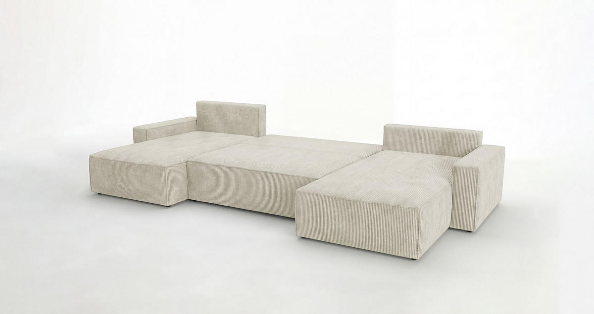 WOHNLANDSCHAFT VIENNA U-Form weiß Cord Poso 100 - Schlaffunktion, Bettkasten - Weiß, Textil (385/86/185cm) - Cornero