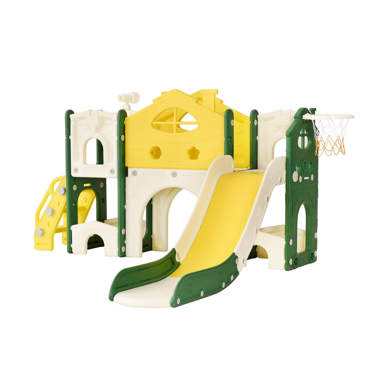 7-IN-1 RUTSCHE Für Kinder Grün Mit Basketballkorb & Kletterspielset - Grün, Holz (166/96.5/193.5cm)
