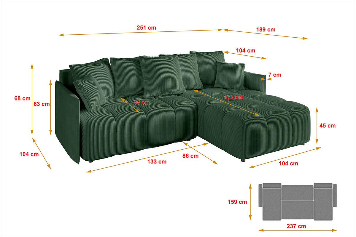 ECKSOFA Ottomane rechts LONLI-L 251x189x68 Grün Cord - Grün, Holzwerkstoff/Kunststoff (189/251cm) - ALTDECOR