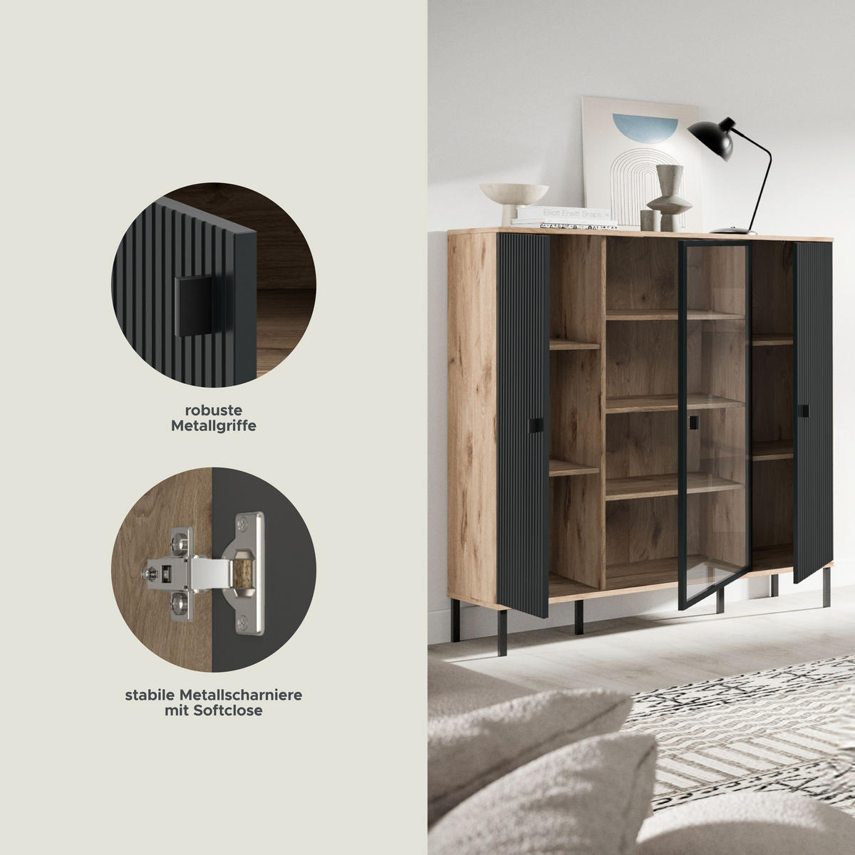 HIGHBOARD CHESS (B/H/T: ca. 115/137/41 cm) in Nox Oak Nachbildung/schwarz - Eichefarben, Holzwerkstoff (115/137/41cm)