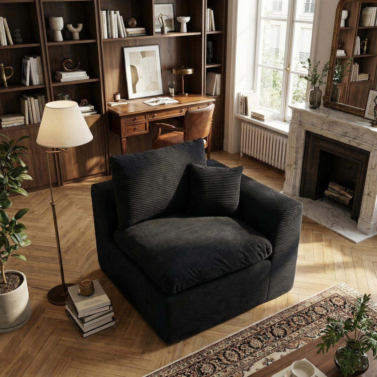 SESSEL Cord-Sofa mit Federkern-Polsterung und Kissen, Montagefrei - Schwarz, Textil (101/84/102cm) - Urban Meuble