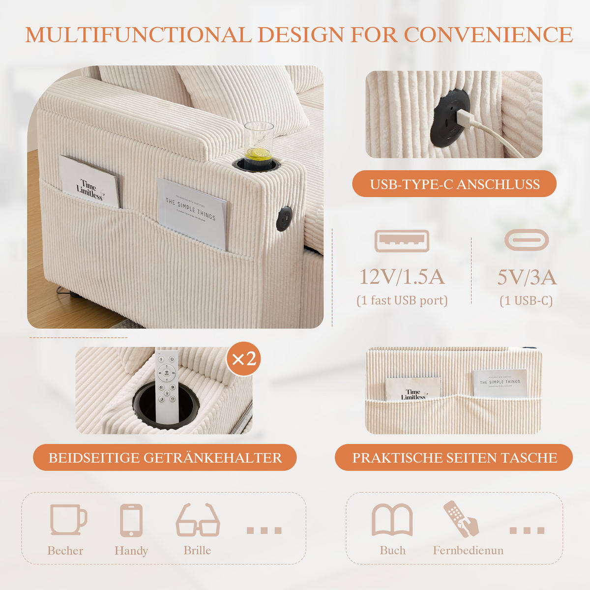 SCHLAFSOFA 4-Sitzer mit Chaiselongues, USB und Stauraum, Beige - Beige, Textil (272/86/136cm)