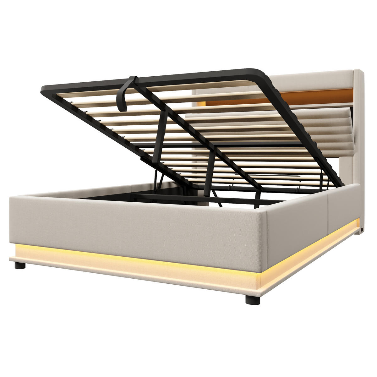 POLSTERBETT 140/200 cm Beige mit USB-Typ-C-Anschluss, LED-Beleuchtung und Ablagefach - Beige, Textil (140/200cm) - Oxeza
