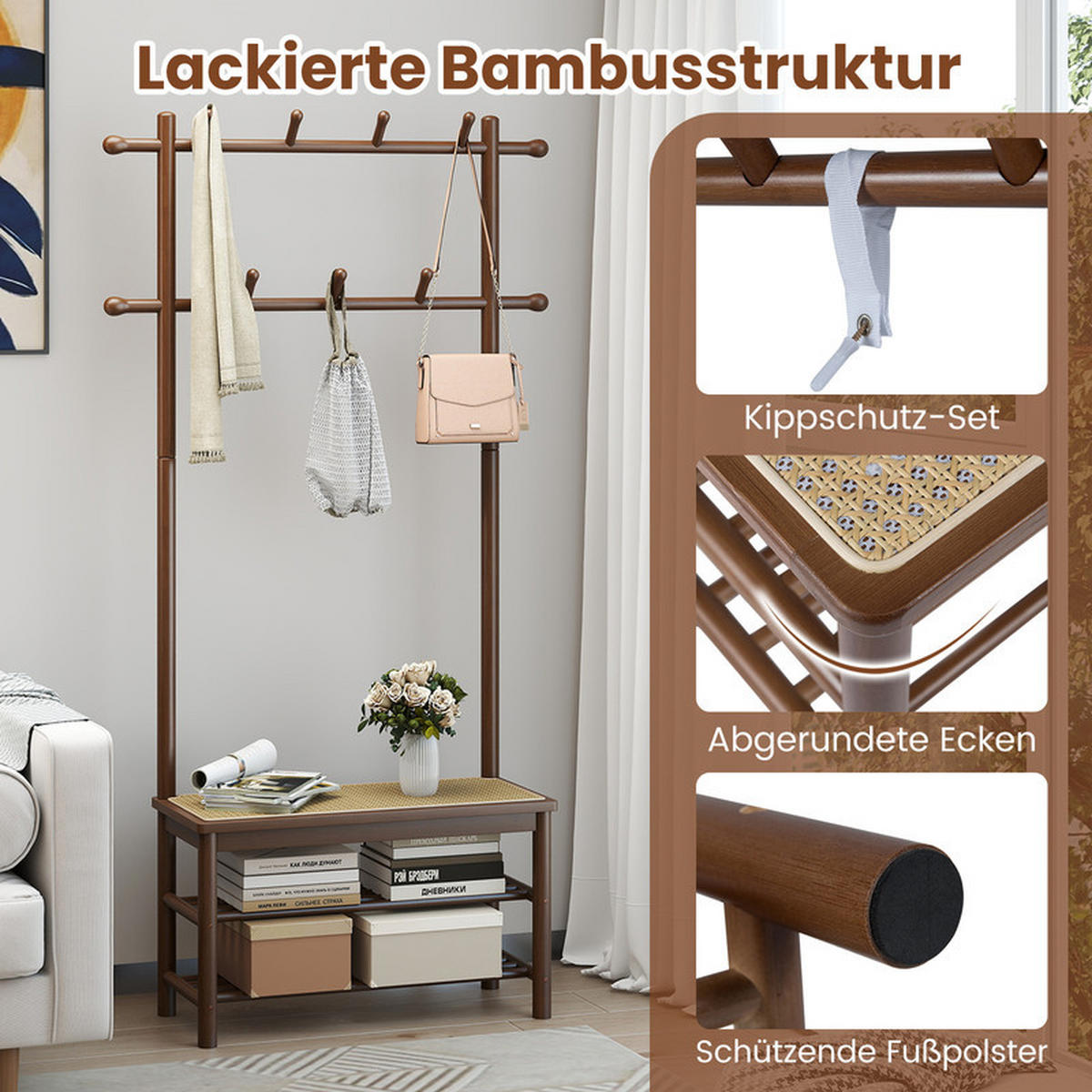 GARDEROBENSTÄNDER mit Schuhbank braun - Braun, Naturmaterialien (71/169.5/30cm) - COSTWAY