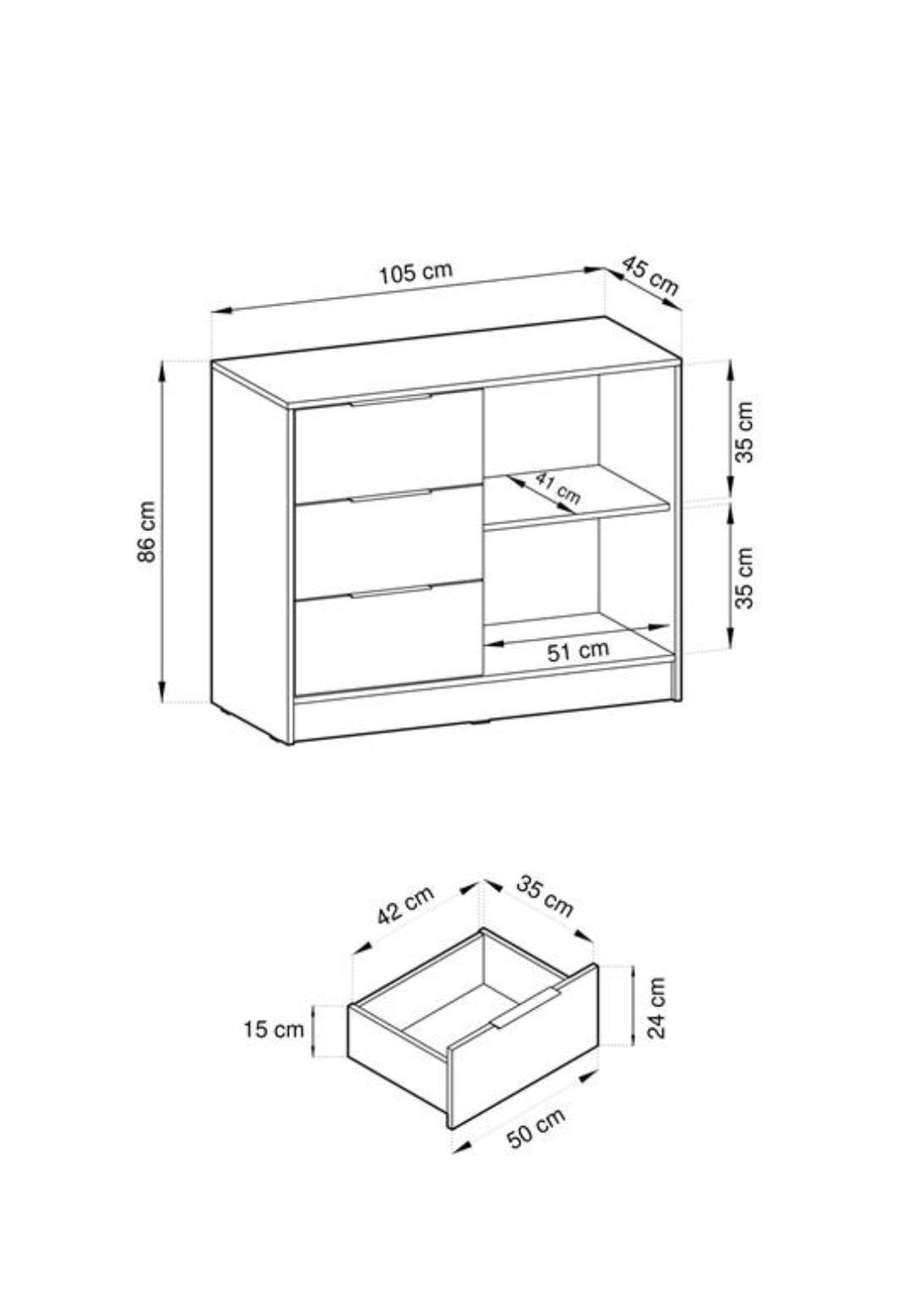 Thumbnail - Bettso Kommode, Grau, Holzwerkstoff, 1 Fächer, 3 Schubladen, 105x86x45 cm, Wohnzimmer, Kommoden & Sideboards, Kommoden