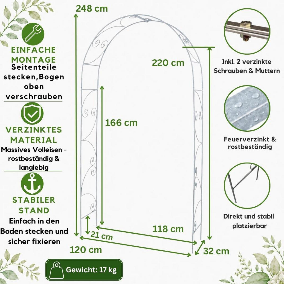 ROSENBOGEN Metall Verzinkt Massiv 135 cm Torbogen - Silberfarben, Metall (120/240/32cm) - DanDiBo