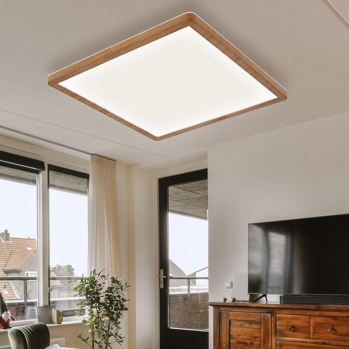 LED DECKENLEUCHTE SAPANA Holzoptik Braun - Braun, Kunststoff (42/42/2.5cm) - Globo Lighting