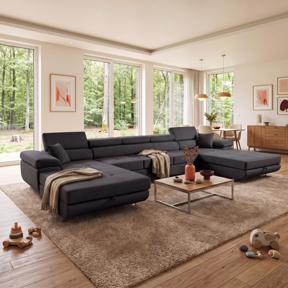 ECKSOFA U-Form ALONZO MAXI U mit Schlaffunktion 125x318 Velours Schwarz - Silberfarben/Schwarz, Holz/Textil (400/90/203cm) - Muffo