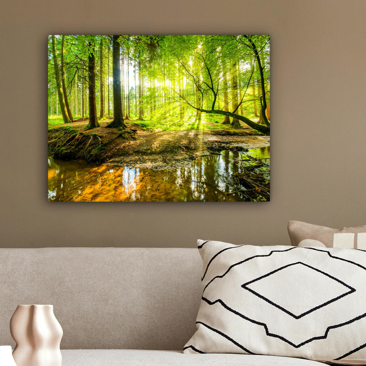 LEINWANDBILD Wald - Landschaft - Wasser - Bäume - Sonne - Grün - Natur 40x30 cm - Grün, Textil (40/30cm) - MuchoWow
