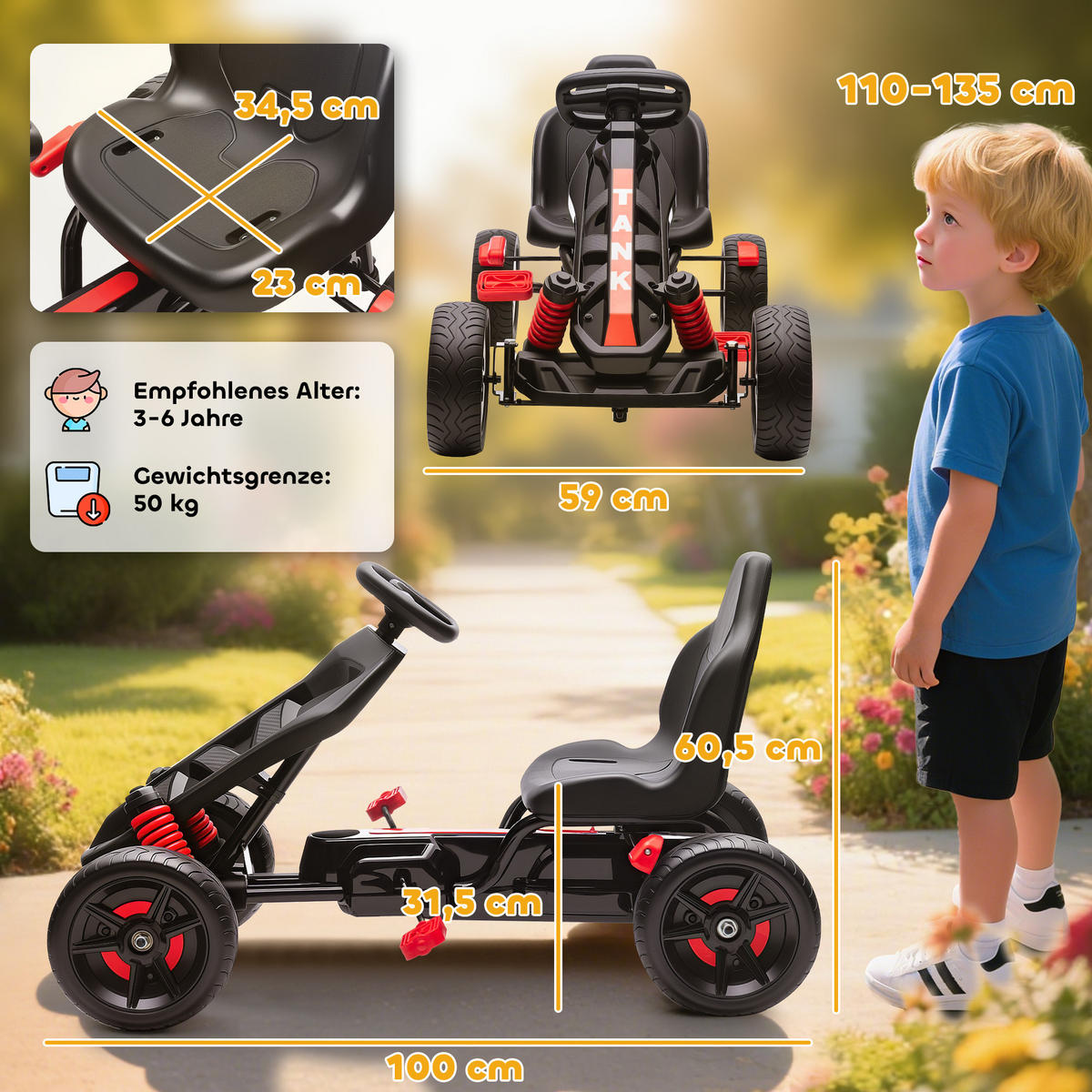 GOKART TRETAUTO mit Handbremse, Automatisches Kupplungssystem, EVA-Räder - Rot, Metall (100/59/60.5cm) - AIYAPLAY