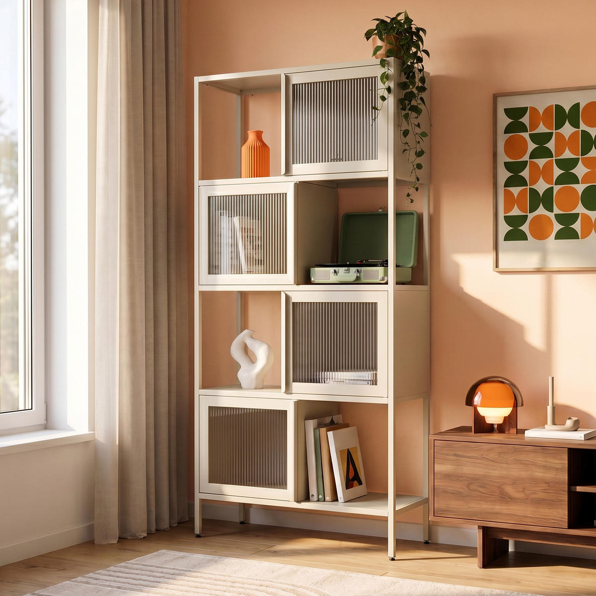 METALLREGAL industriell, 170 cm hoch, 4 Türen, 4 Fächer, beige und geriffeltes Glas - Beige, Metall (80/170/35cm) - Sicaan