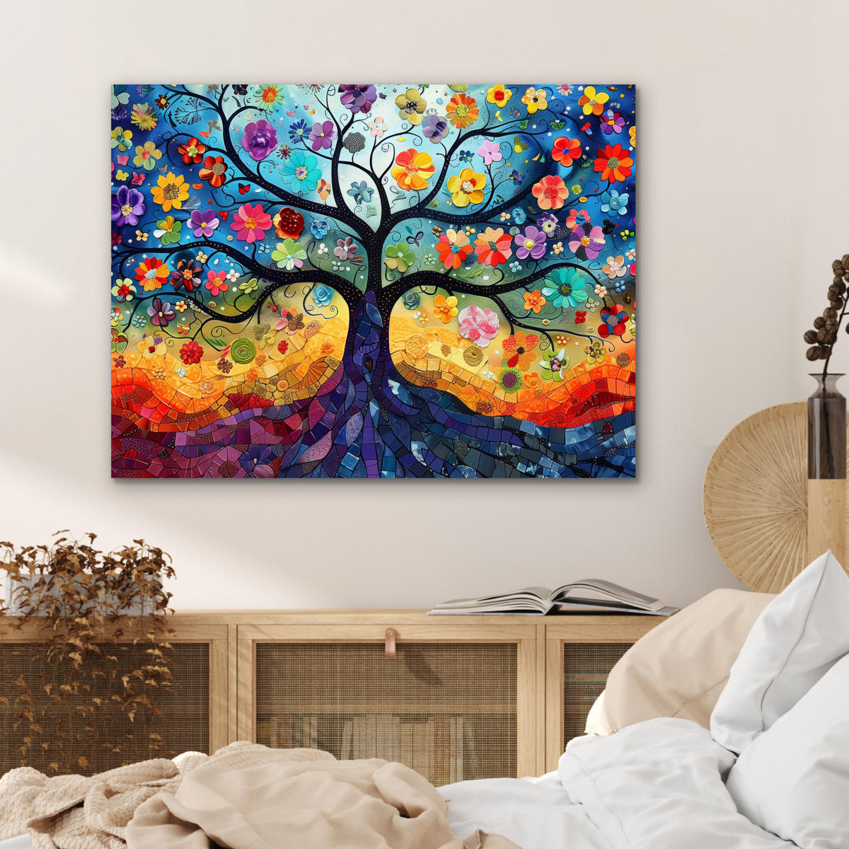 KOVOVÝ OBRAZ Umenie - Strom života - Kvety - Hippie 80x60 cm - tmavomodrá, kov (80/60cm) - MuchoWow