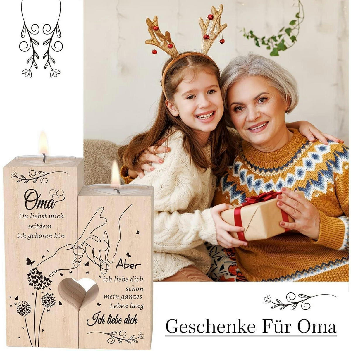 KERZENSTÄNDER Holz Herzform für Oma 12 x 10 x 4.5 cm - Hellbraun, Holz (10cm)
