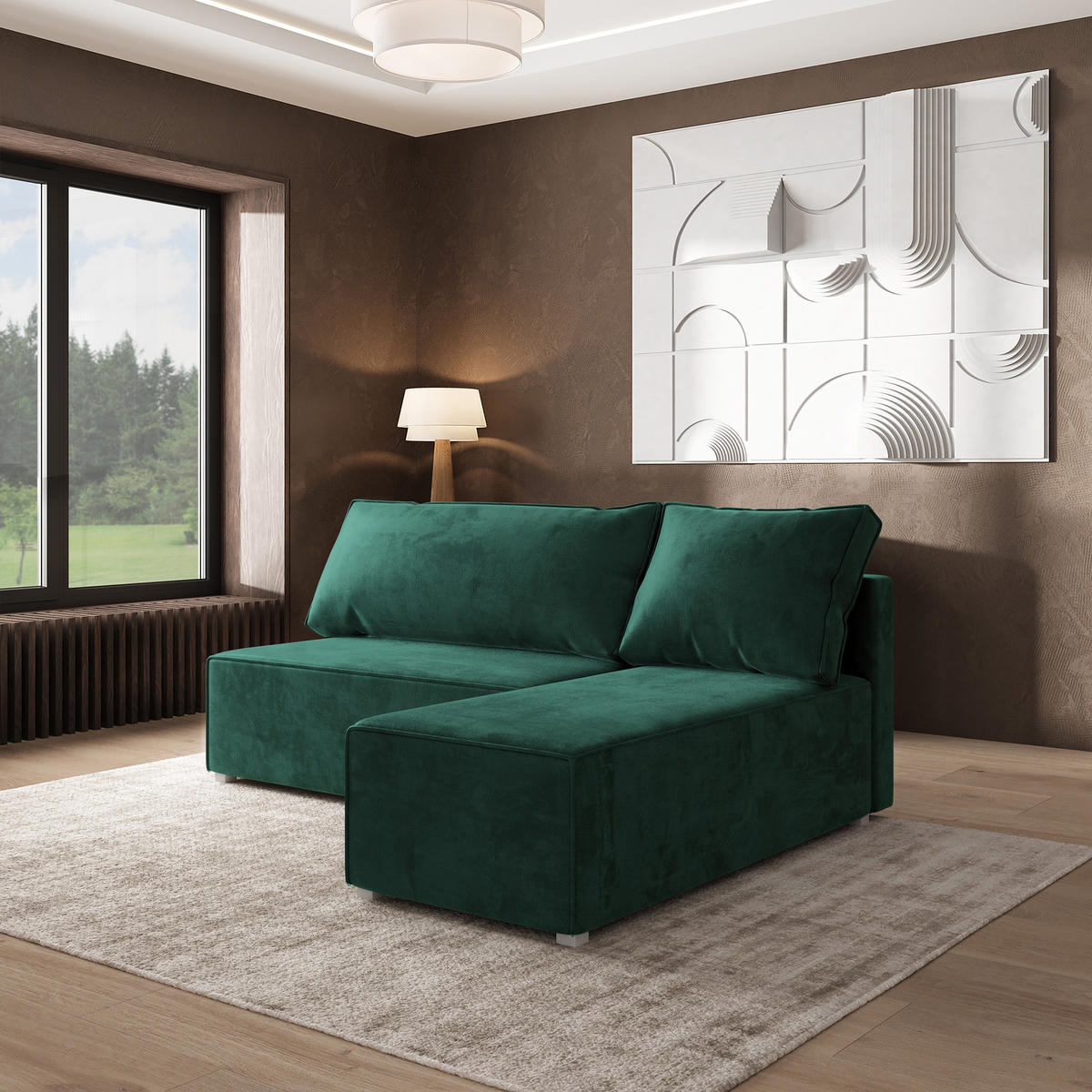 ROHOVÁ SEDAČKA BRISO tmavě zelená - šedá/tmavě zelená, dřevo/textil (200/140cm) - MASSENO