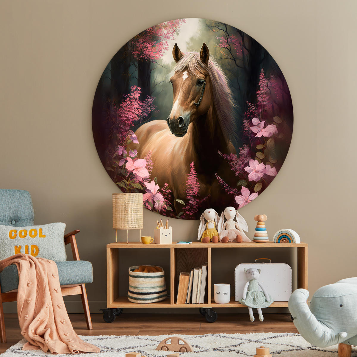 WANDBILD Pferd - Blumen - Rosa - Natur - Wald Room Decor 140x140 cm - Altrosa, Kunststoff (140/140cm) - MuchoWow