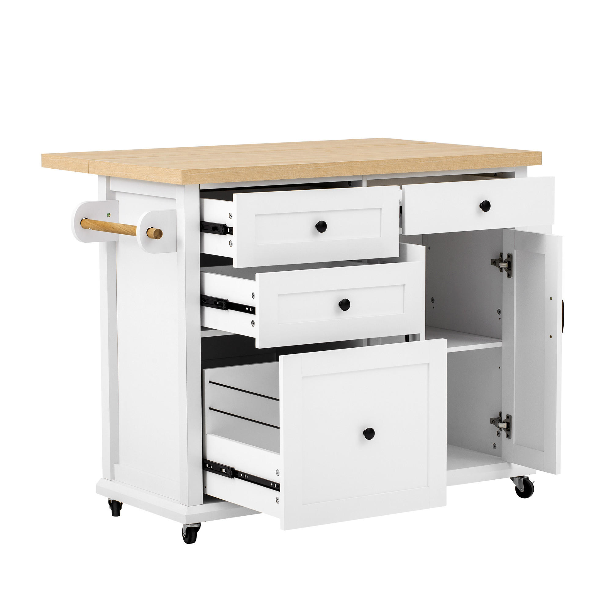 KÜCHENINSEL Servierwagen 107×45–70×90,5 cm aus MDF mit ausklappbarer Arbeitsplatte & 9-Fach-Schublade, weiß-natur - Weiß, Holzwerkstoff (70/90.5/107cm) - Luhomfu