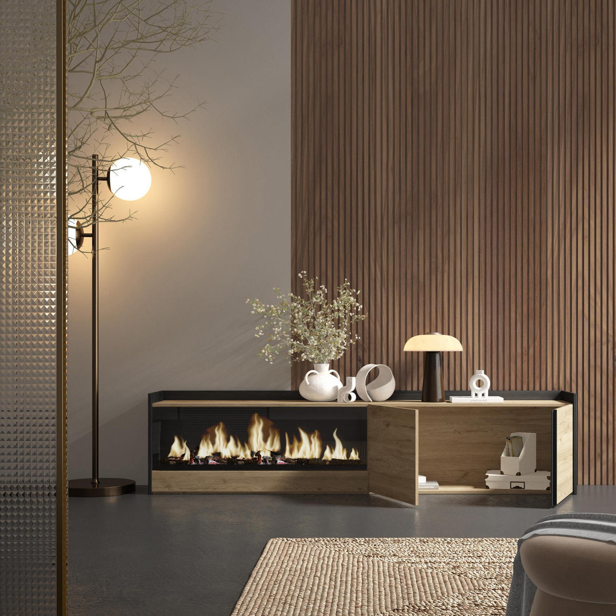 LOWBOARD, Eiche und Schwarz, 212/35/50cm, Kamin mit Feuereffekt XXL - Eichefarben, Holzwerkstoff (212/50/35cm) - Skraut Home