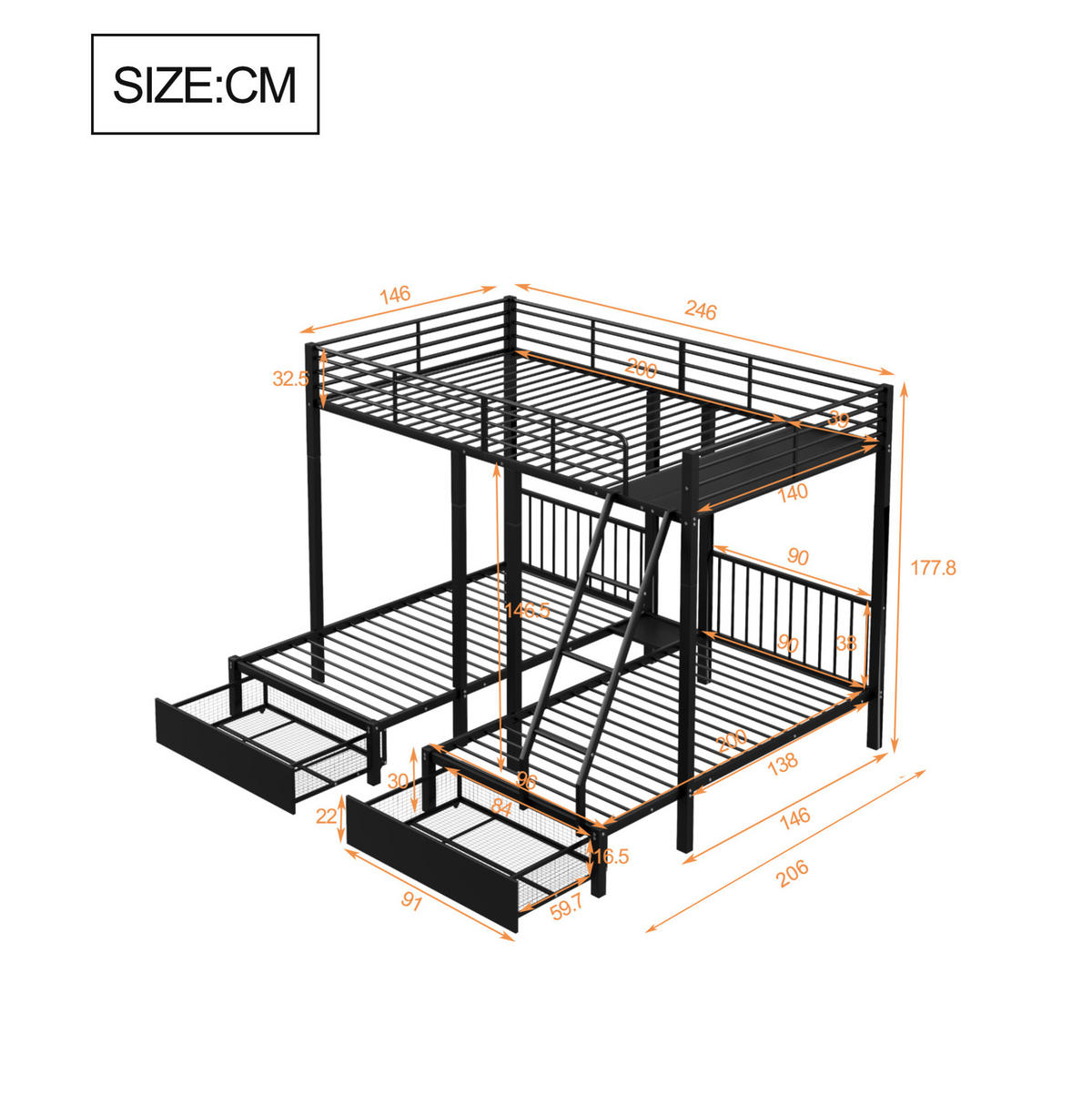 POSCHODOVÁ posteľ 140/200 a 2x 90/200 cm čierna rozložiteľná s úložnými zásuvkami z kovu - čierna, kov (140/200cm) - OKWISH