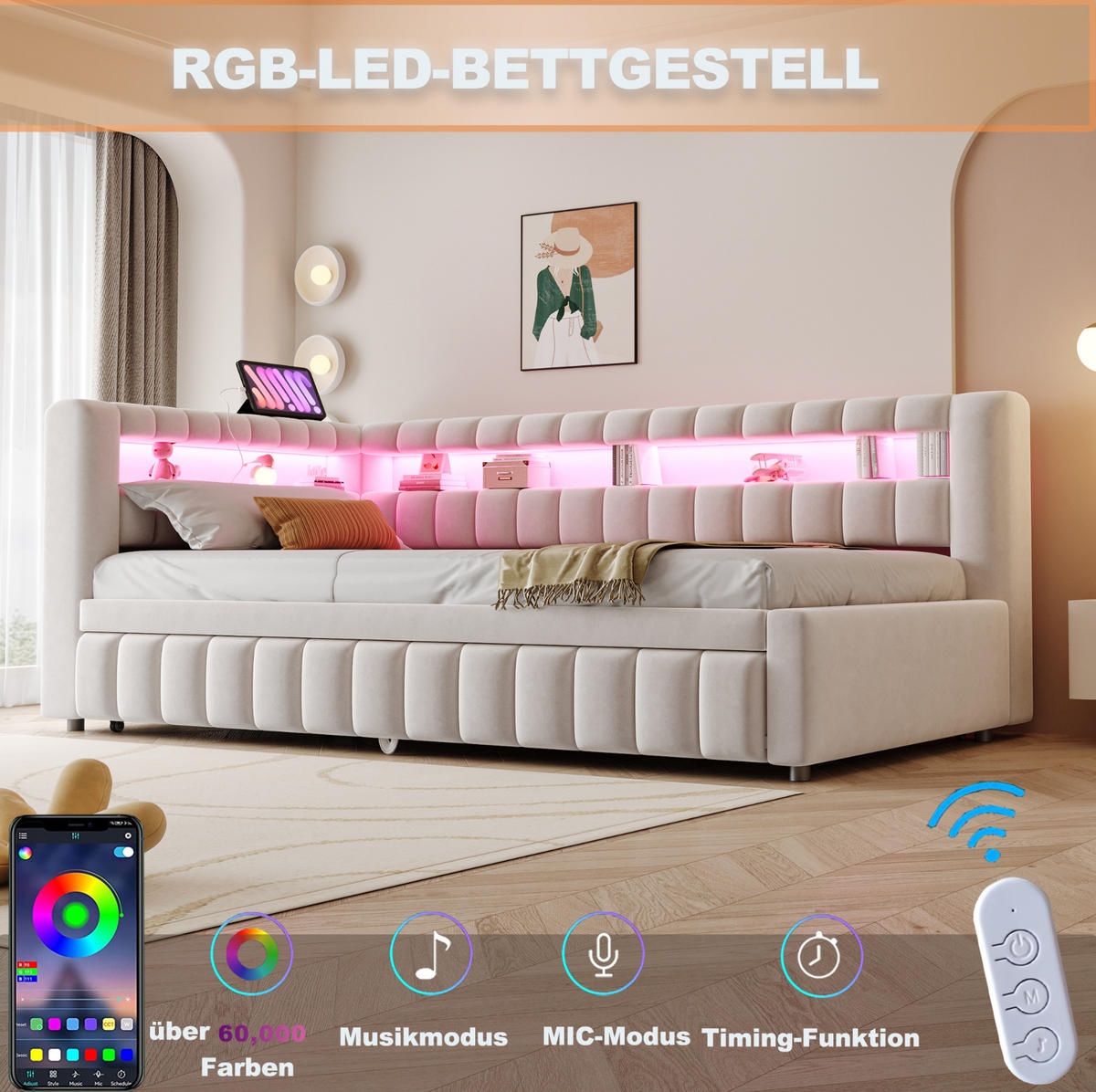 POLSTERBETT 90/200 cm aus Samt mit LED-Beleuchtung und USB-Anschluss, Beige - Beige, Textil (90/200cm) - OKMYHOME