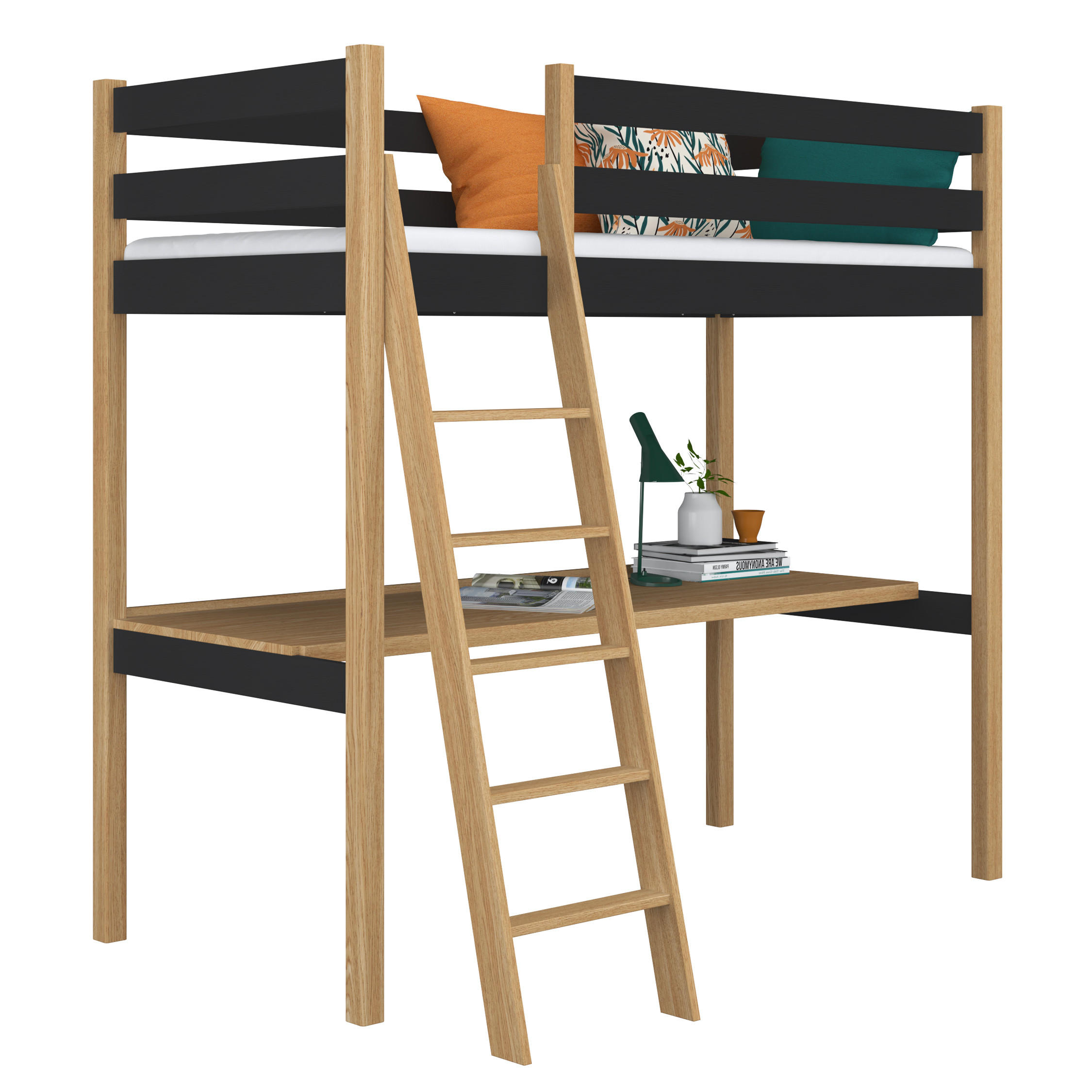 HOCHBETT N03 mit Schreibtisch Schwarz / Eiche Natur 120/180 - Schwarz/Eiche Artisan, Naturmaterialien/Holz (120/180cm) - N-Wood