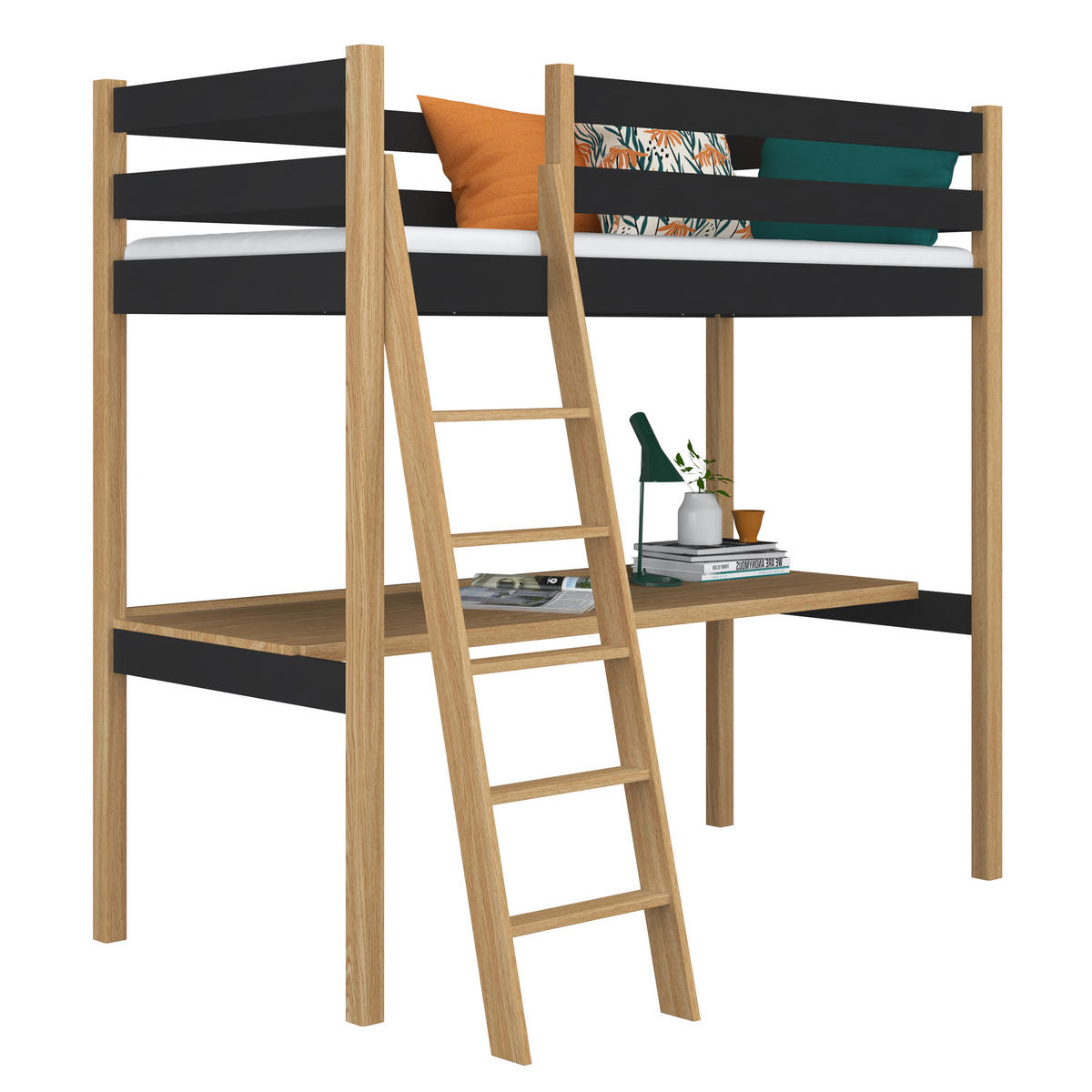HOCHBETT N03 mit Schreibtisch Schwarz / Eiche Natur 90/190 - Schwarz/Eiche Artisan, Naturmaterialien/Holz (90/190cm) - N-Wood