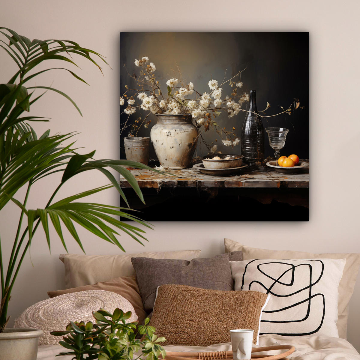 LEINWANDBILD Stilleben - Blumen - Blumenstrauß - Vase - Wein 90x90 cm - Schwarz, Textil (90/90cm) - MuchoWow