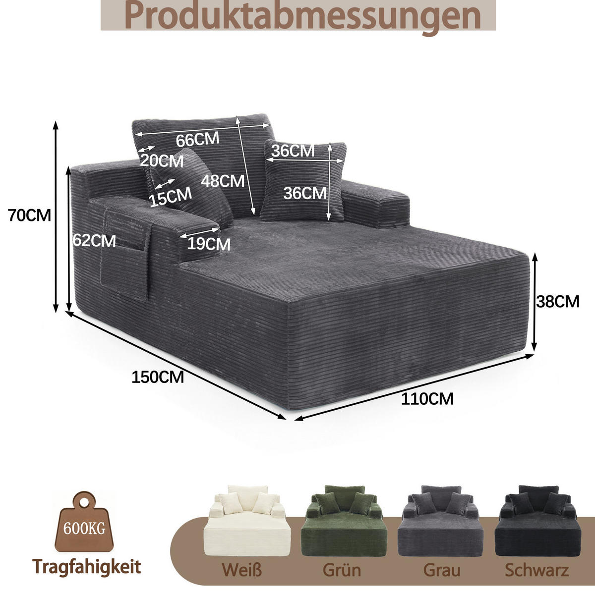 SOFA mit Seitentaschen und Kissen Dunkelgrau - Dunkelgrau, Kunststoff (70/150/110cm) - Meubliv