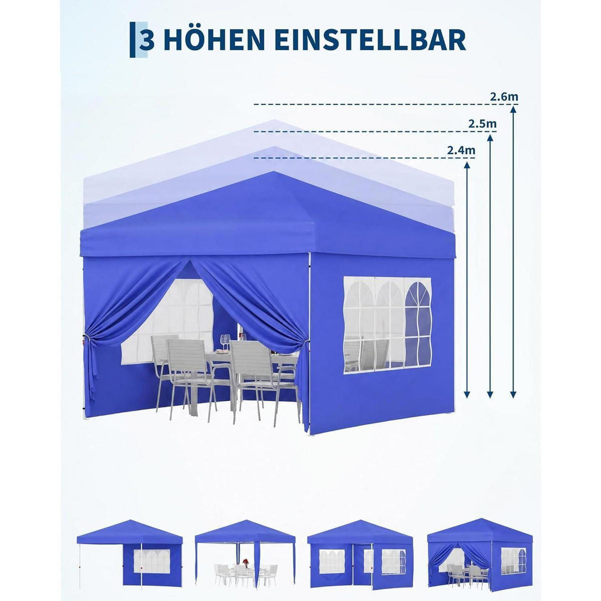 FALTPAVILLON 3 x 3 m wasserdicht mit 4 Seitenwänden Blau - Blau, Textil (300/260/300cm)