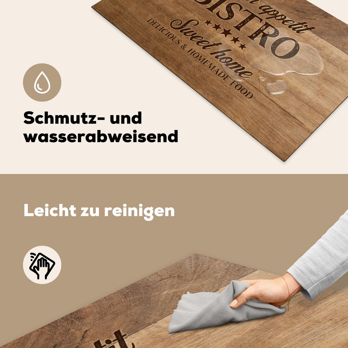 HERDABDECKPLATTE Zitat - Bistro - Guten Appetit - Süßes Zuhause - Holzmaserung 90x52 cm - Braun, Kunststoff (90/0.2/52cm) - MuchoWow