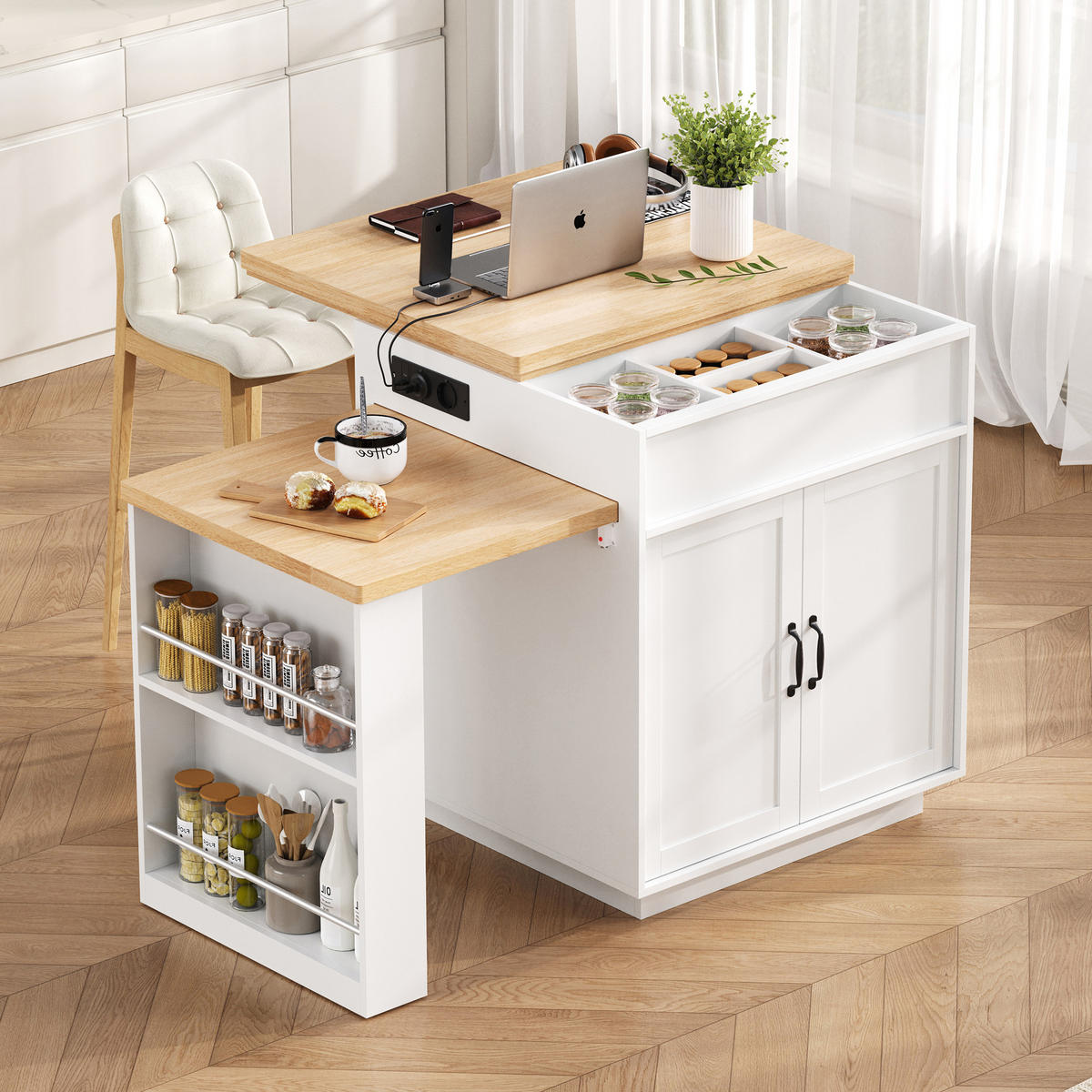 KÜCHENINSEL 125.5-187.5x71x93 cm Weiß mit LED-Beleuchtung & Ladestation - Weiß, Holzwerkstoff (187.5/93/71cm) - Modfu