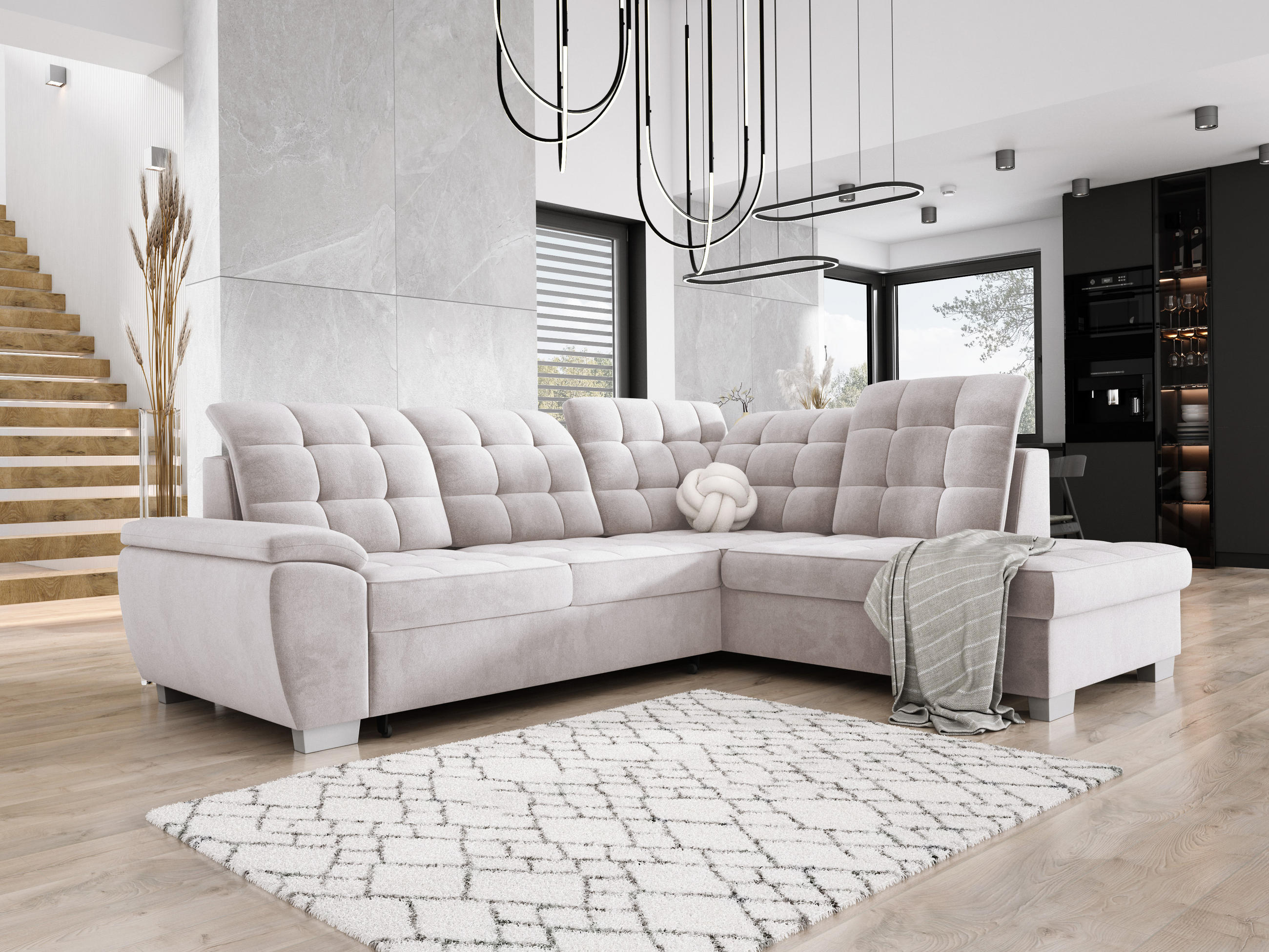 ECKSOFA LOTTA SALVADOR Bettkasten verstellbare Kopfstützen hochwertige Verarbeitung lose Rückenkissen freistehend RECHTS 258x212x106 cm Silver - Silberfarben, Holz/Textil (258/212cm) - DomoHome