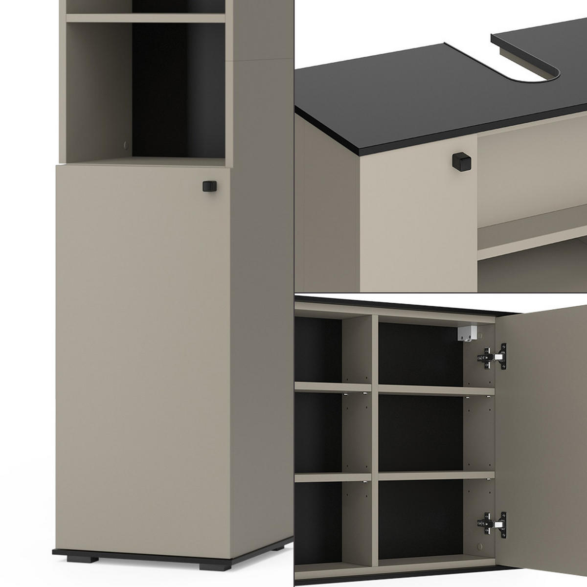 BADMÖBEL-SET Joli Greige 3 Teile, mit Hochschrank - Greige/Schwarz, Holzwerkstoff (80/59/37cm) - Vicco