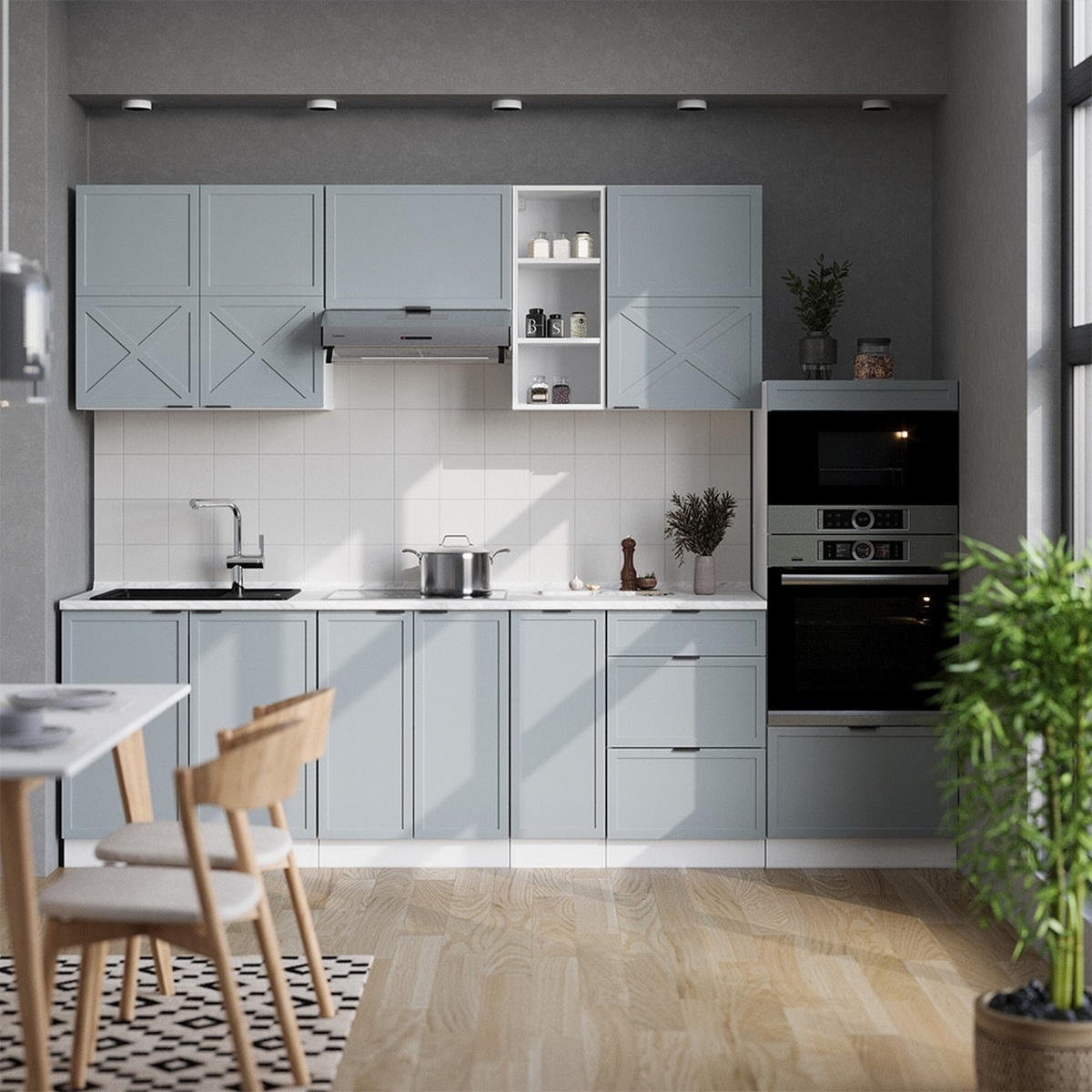 KUHINJSKI BLOK Fame-Line Svetlo modro-siva/bela 280 cm , DP Antracit - svetlo modra/bela, leseni material (280/153.6/60cm) - Vicco