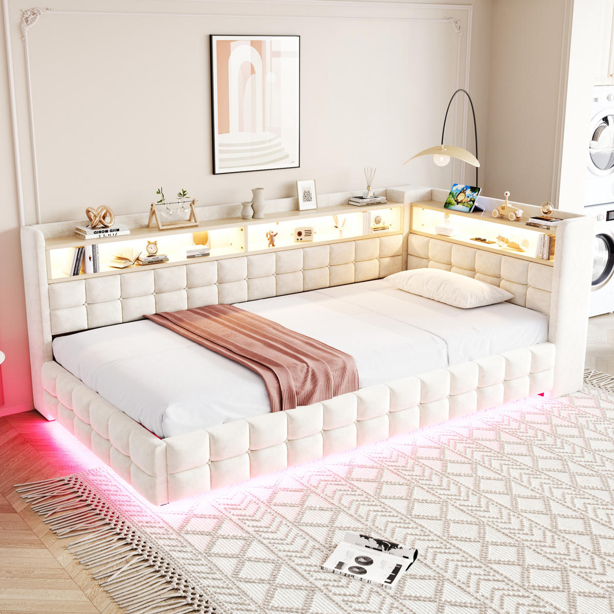 POLSTERBETT 90x200cm Schlafsofa LED Stauraum USB Samt Beige - Beige, Textil (90/200cm) - FLIEKS