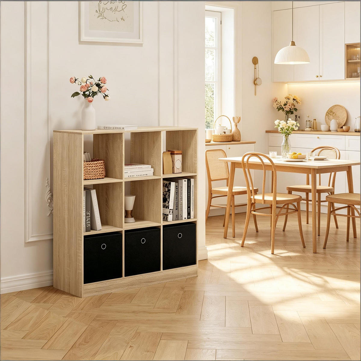 BÜCHERREGAL Schwarz/Eiche hell mit 3 Stoffschubladen 80/30/86.5 cm - Schwarz, Holzwerkstoff (80/86.5/30cm) - PANGIVO