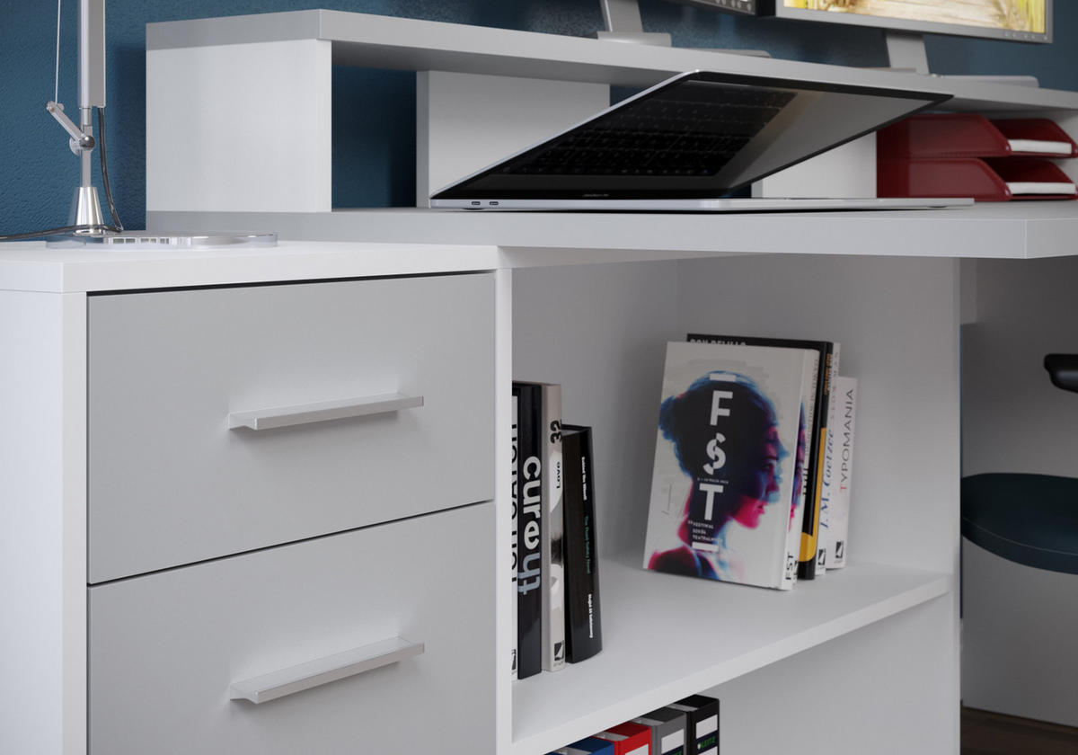 SCHREIBTISCH grau, weiß 160 - 200 x 92 cm, Eckschreibtisch mit Stauraum - Silberfarben/Weiß, Holzwerkstoff/Kunststoff (115/160/92cm) - Top.Furn