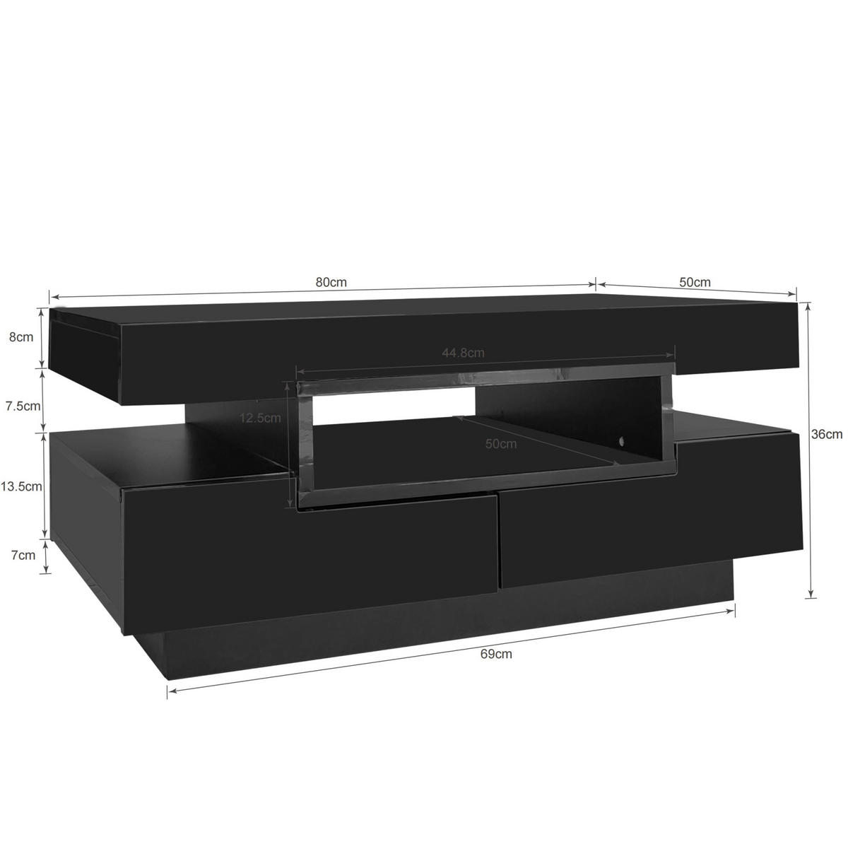 COUCHTISCH 80/50/36 cm in Schwarz aus Spanplatte mit LED-Lichtleiste und Hochglanzoberfläche - Schwarz, Holzwerkstoff (80/50/36cm) - OKMYHOME