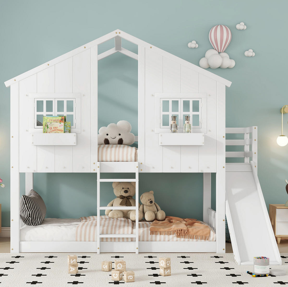 HAUSBETT 90/200 cm mit Rutsche und Dach – Weiß/Natur aus Kiefer und MDF - Weiß, Holz (90/200cm) - BEAOK