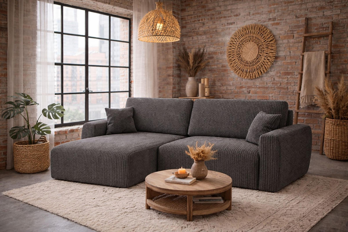 ECKSOFA Mit Schlaffunktion, Ariel XL, Cordstoff, Stoff Poso, Grau, Links - Grau, Holz (280/142cm) - Kaiser Möbel