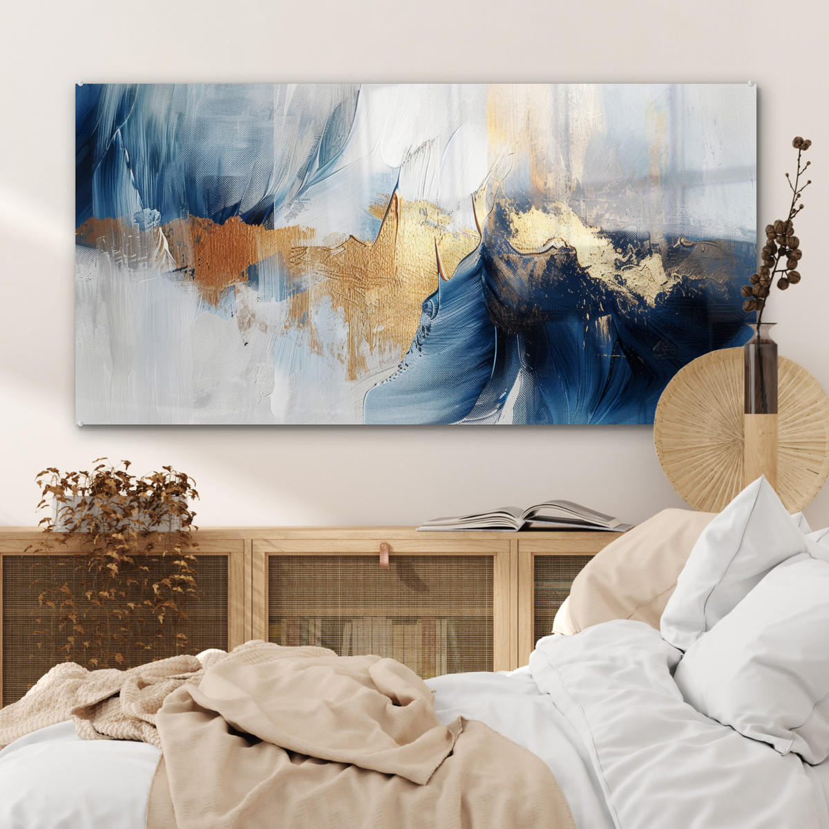 OBRAZ NA AKRYLOVOM SKLE Zlatá - modrá - akvarel - umenie - moderné 120x60 cm - svetlomodrá, sklo (120/60cm) - MuchoWow