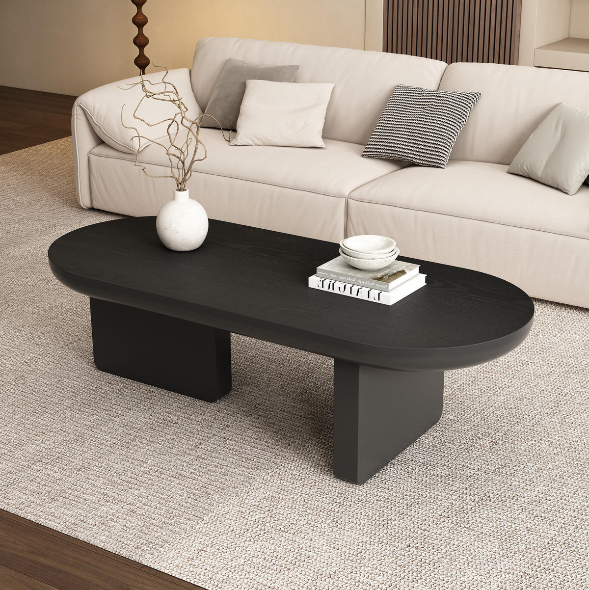 COUCHTISCH 119,7/49,8/35,5 cm Schwarz aus MDF mit ovaler Platte - Schwarz, Holzwerkstoff (49.8/119.7/35.5cm) - OKWISH
