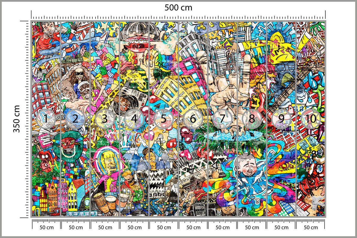 FOTOTAPETE für Jugendzimmer Buntes Graffiti Streetart Bunt 500x350 - Türkis/Gelb, Papier (500/350cm) - Muralo